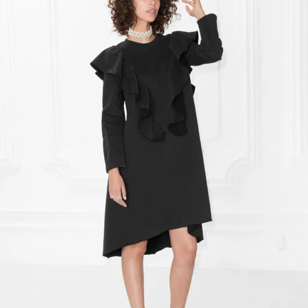 & Other Stories Ruffled Sweatshirt Dress Women's Size 8 Black Wednesday Addams